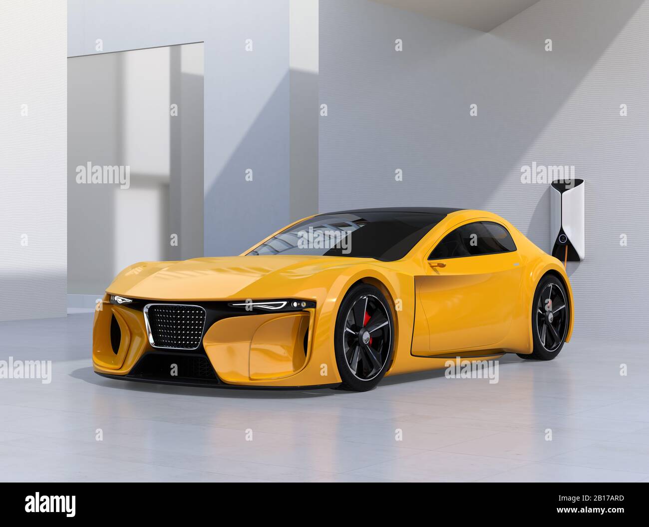 Yellow electric sports car charging at home. Sustainable lifestyle concept. 3D rendering image. Stock Photo