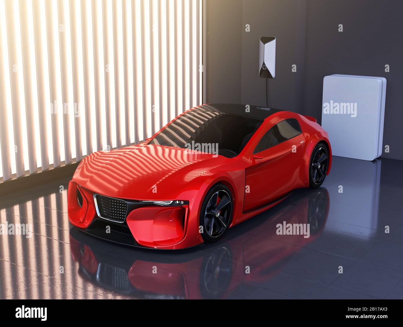 Electric sports car charging at home charging station. Sustainable lifestyle concept. 3D rendering image. Stock Photo