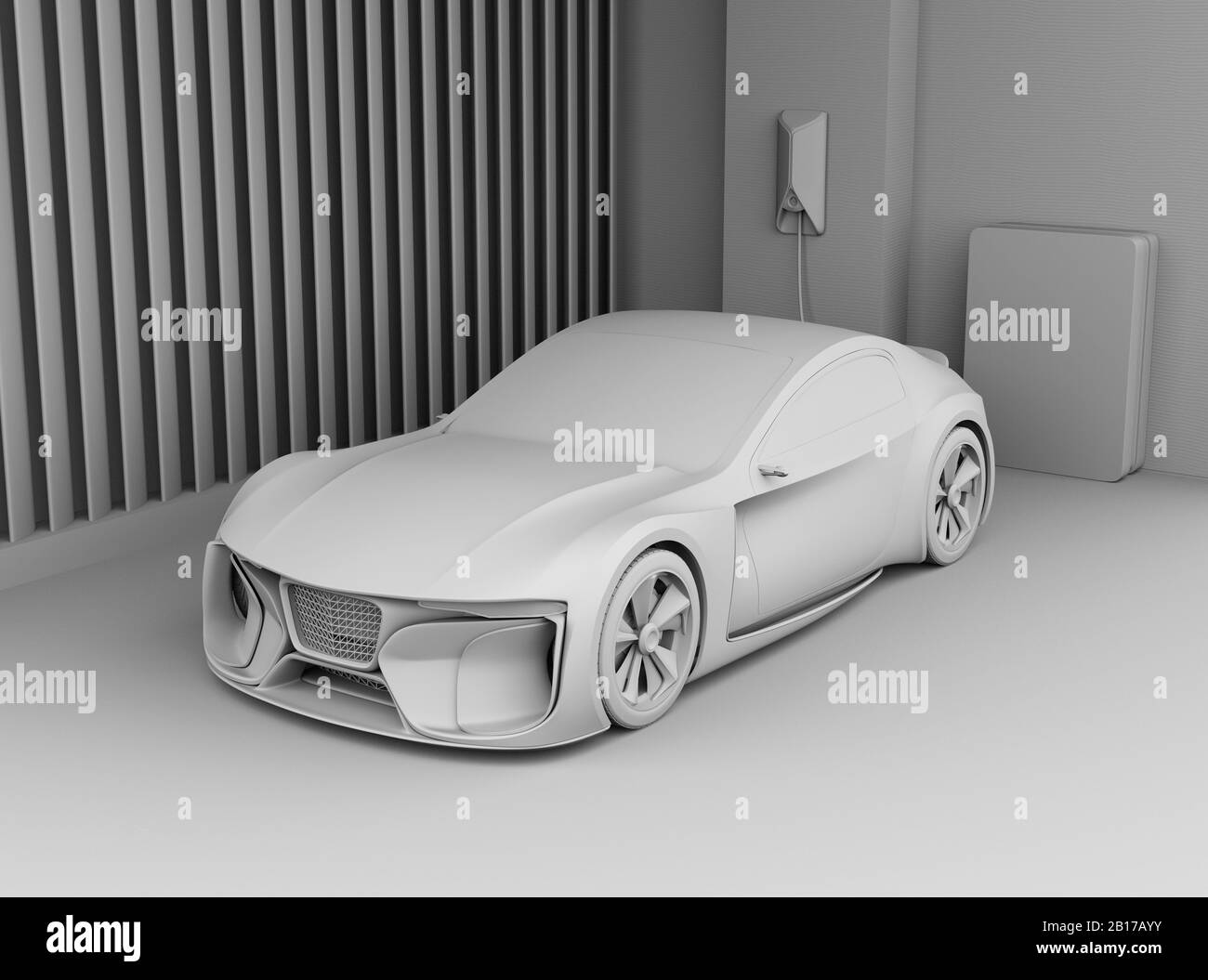 Electric sports car connect to power supply at home. Sustainable lifestyle concept. 3D clay rendering image. Stock Photo