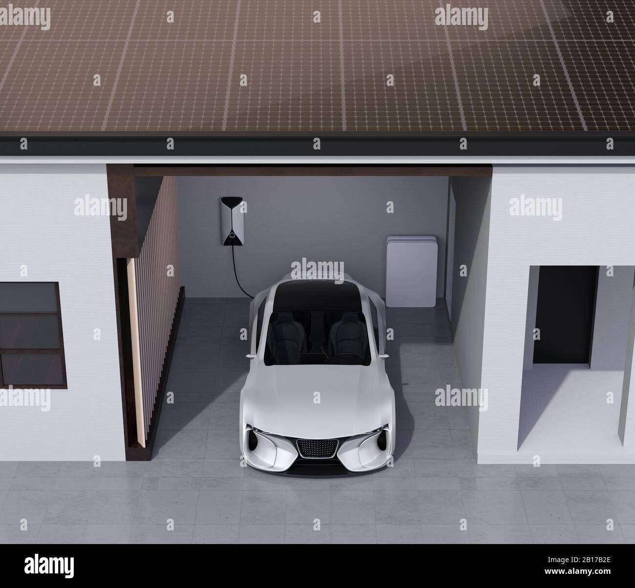 Electric sports car connect to power supply at home. Solar panels mounted on the roof. Sustainable lifestyle concept. 3D rendering image. Stock Photo