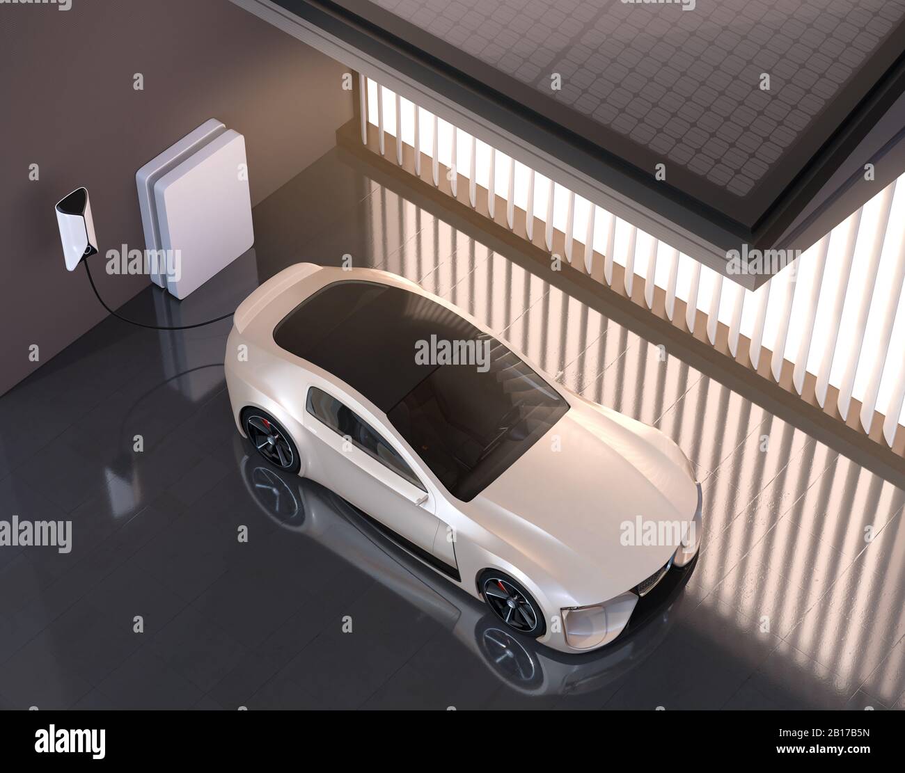Electric sports car connect to power supply at home. Solar panels mounted on the roof. Sustainable lifestyle concept. 3D rendering image. Stock Photo