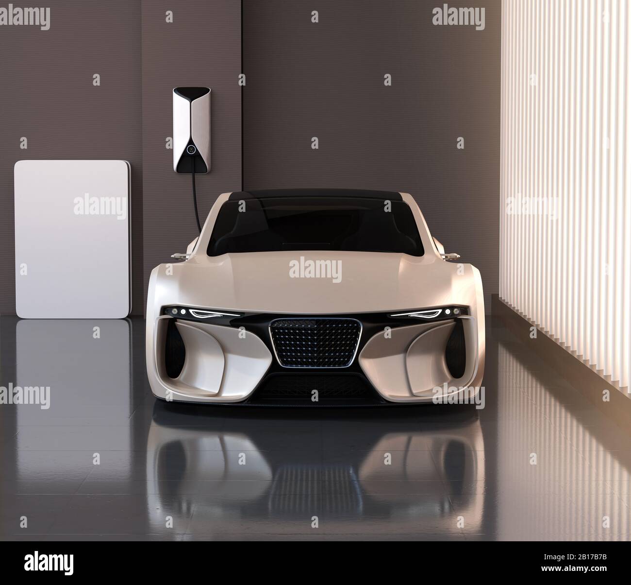 Front view of electric sports car charging at home charging station. Sustainable lifestyle concept. 3D rendering image. Stock Photo