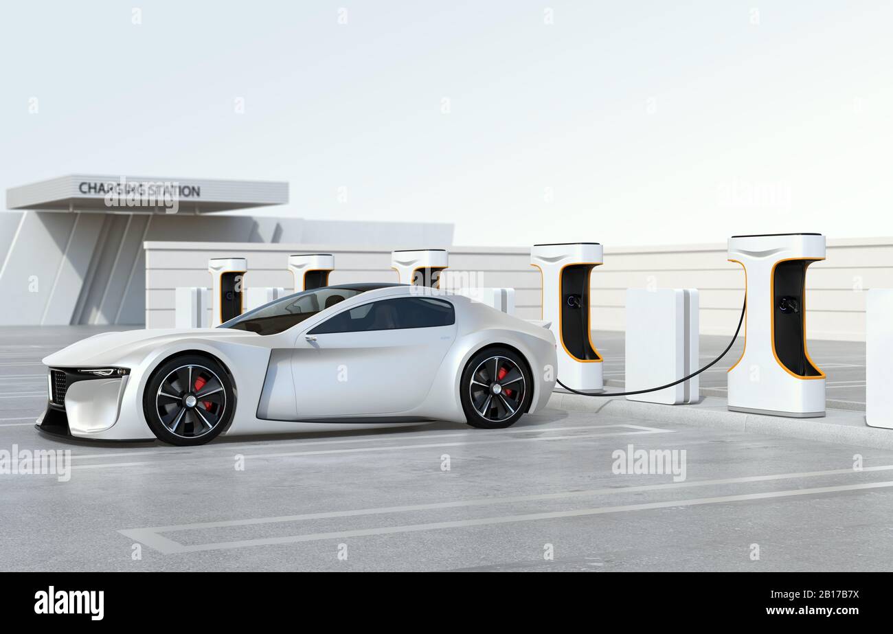 Electric sports car charging at Public Charging Station. 3D rendering image. Original design. Stock Photo