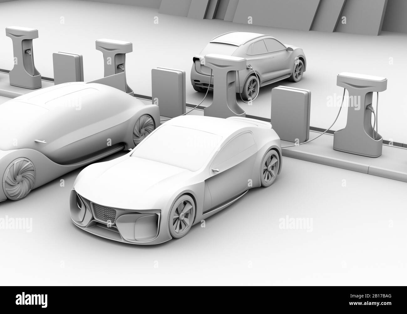Clay rendering of electric cars at Public Charging Station. 3D rendering image. Stock Photo