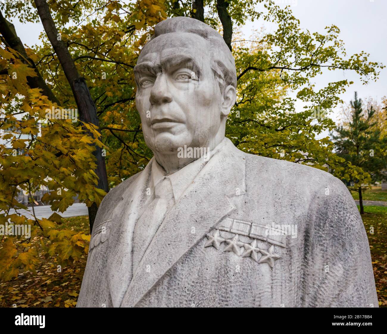 Leonid Brezhnev marble stone statue, Muzeon Art Park sculpture park or Park of the Fallen Heroes, Moscow, Russian Federation Stock Photo