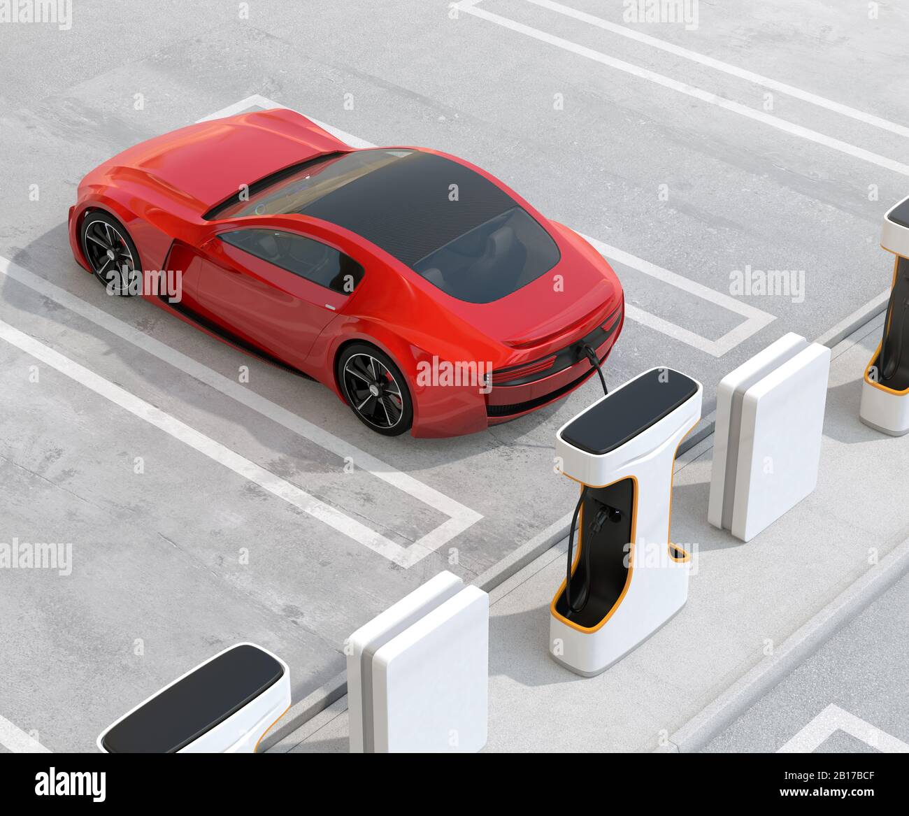 Side view of red electric sports car charging at home. Sustainable lifestyle concept. 3D rendering image. Stock Photo