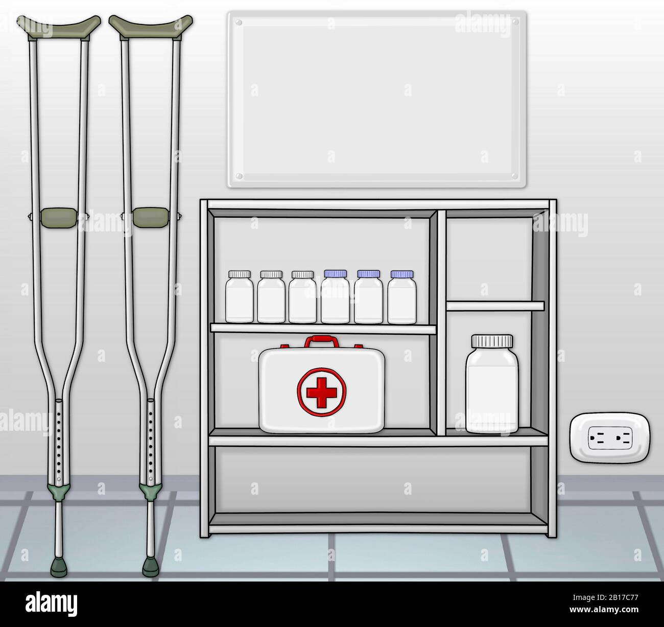 Crutches on a wall, medicine bottles and a medicine cabinet on a shelf on a white hospital background Stock Photo