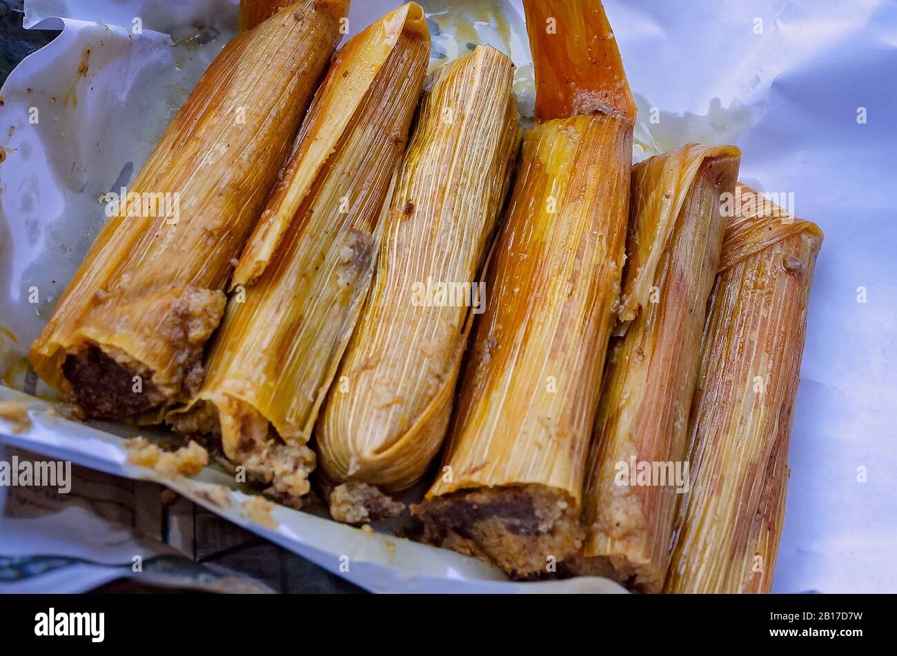 A togo order of hot tamales is pictured at The Tamale Place restaurant, July 26, 2019, in