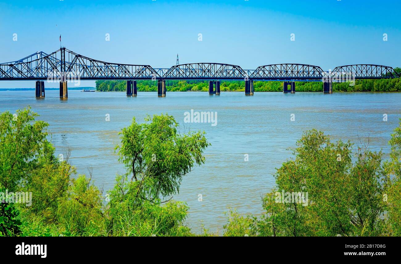 The old and new versions of the Vicksburg Bridge, also known as the Mississippi River Bridge, span the Mississippi River in Vicksburg, Mississippi. Stock Photo