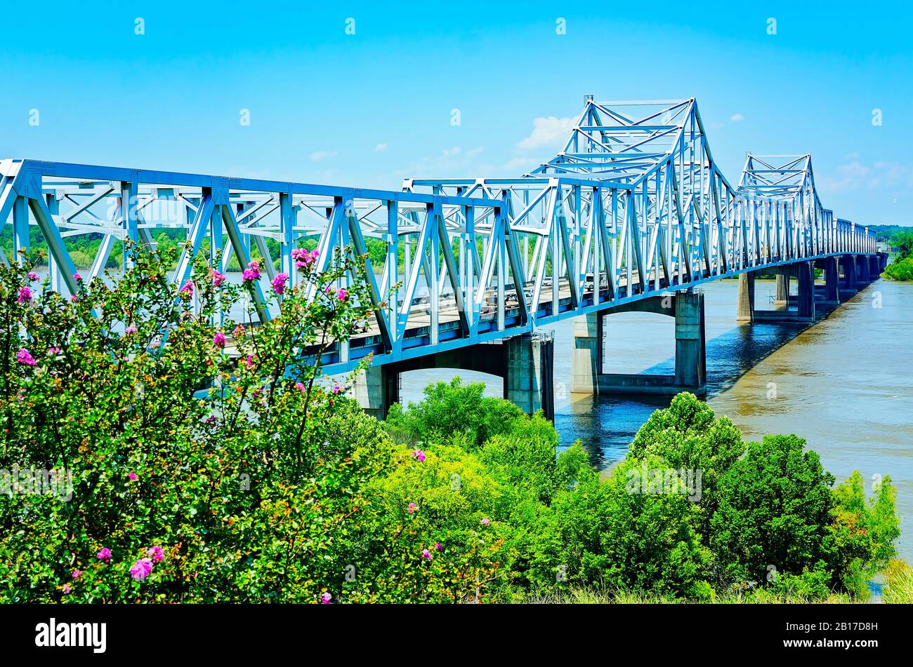 The Vicksburg Bridge, also known as the Mississippi River Bridge, spans the Mississippi River, July 26, 2019, in Vicksburg, Mississippi. Stock Photo
