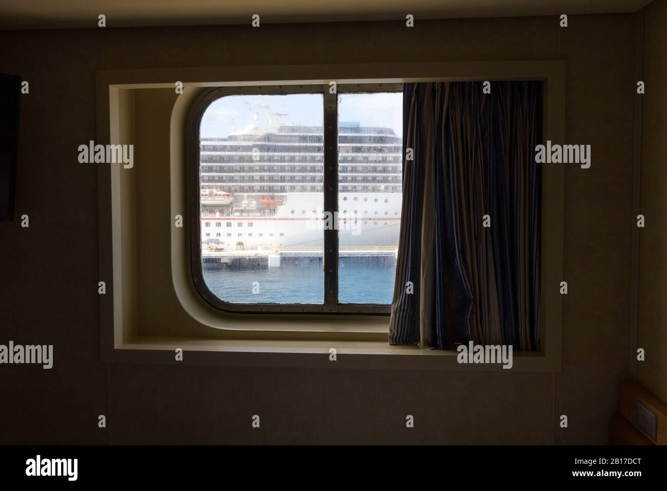 Looking out cruise ship window Carnival Cruise Cozumel Mexico Stock Photo