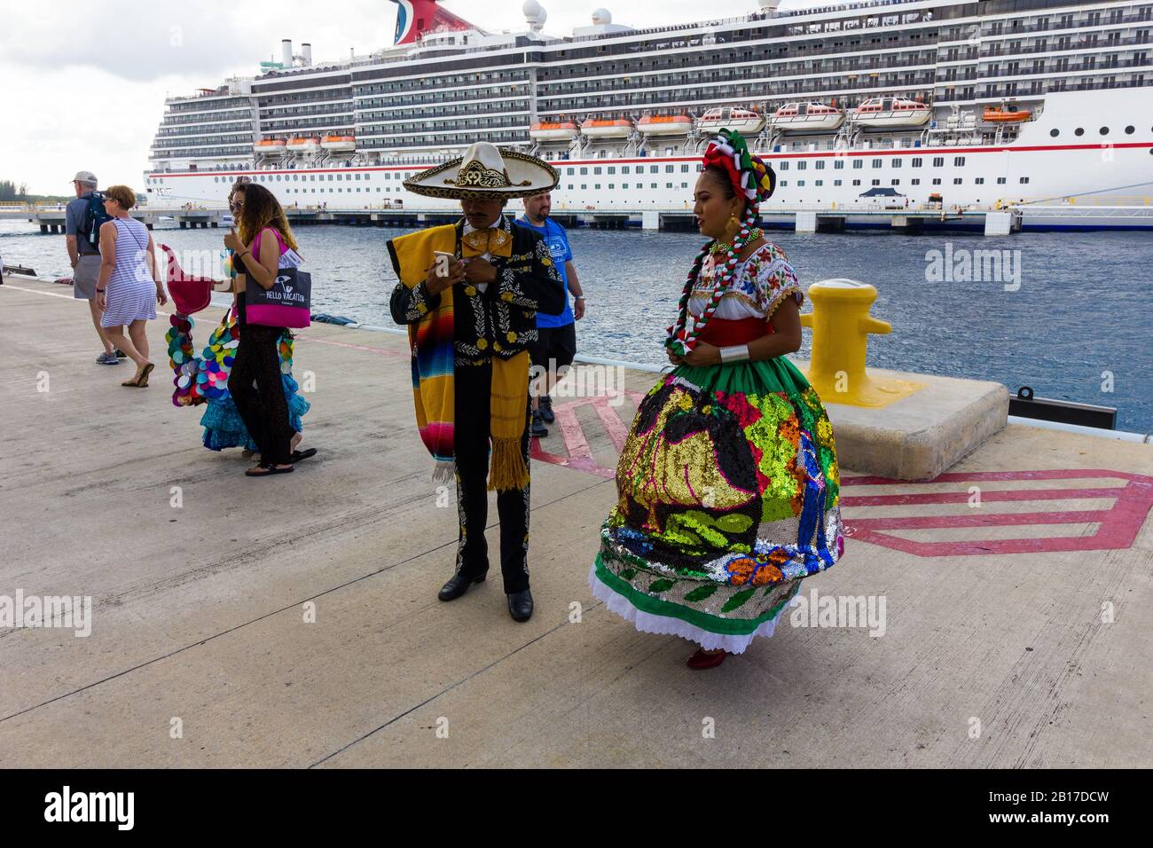 Carnival Cruise Line Ship and Actors on the dock in Cozumel Mexico Stock Photo