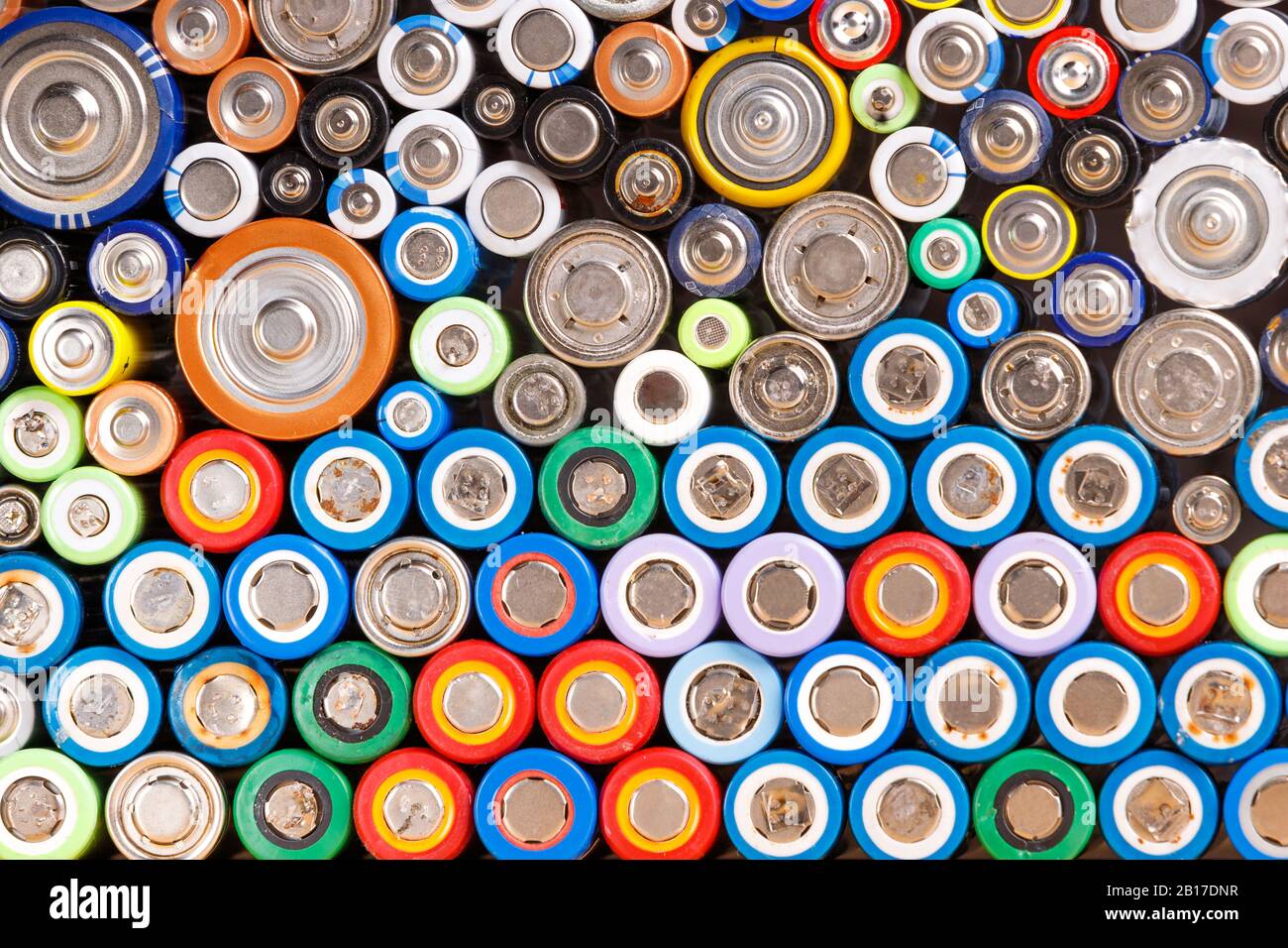 Close up of colorful spent discharged batteries of different sizes and formats. Used rechargeable Nickel Metal Hydride (Ni-MH), Nickel-Cadmium(Ni-Cd) Stock Photo