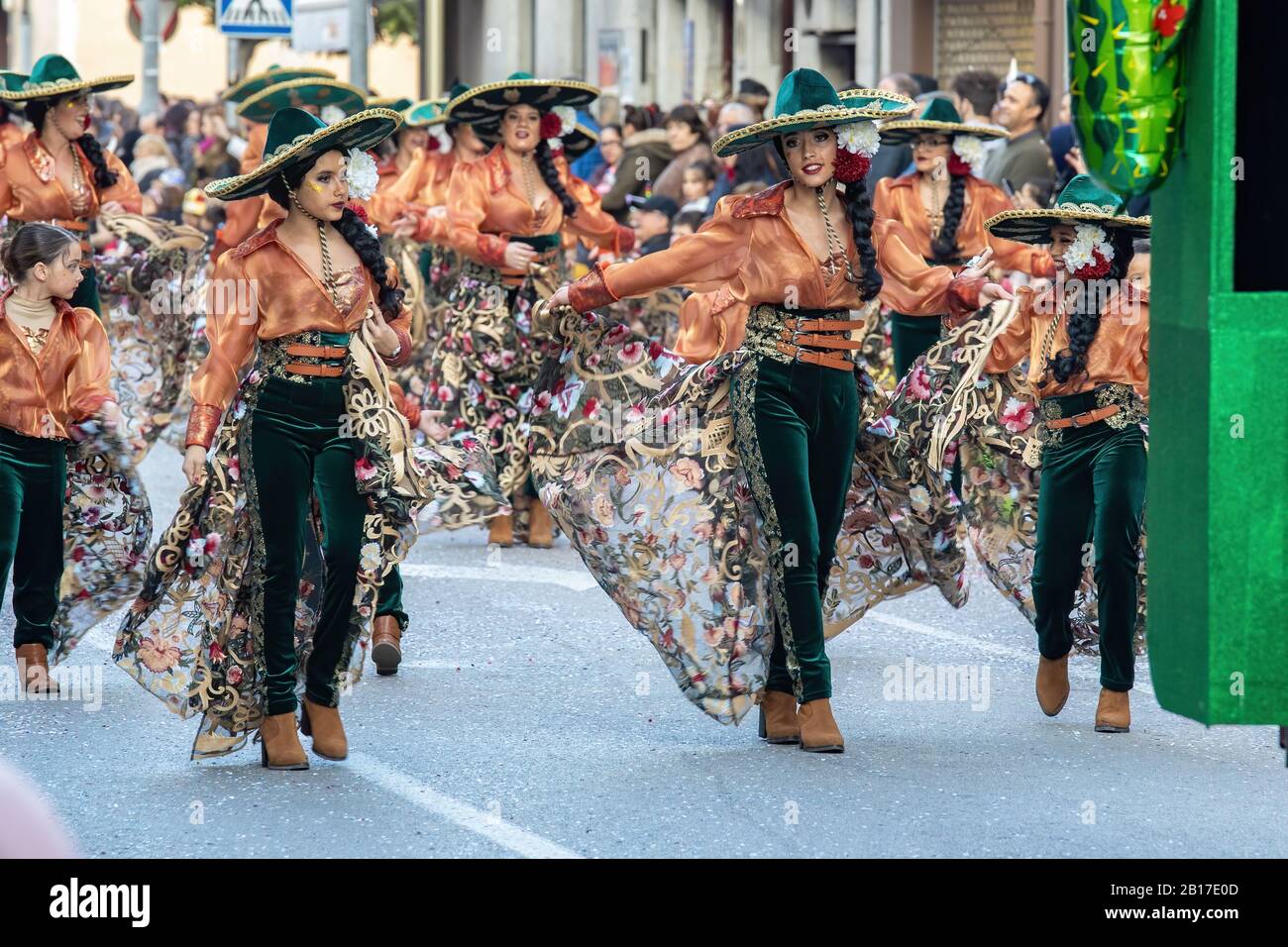 Traditional carnival in a Spanish town Palamos in Catalonia. Many people in costume and interesting make-up. 24. 02. 2020 Spain Stock Photo