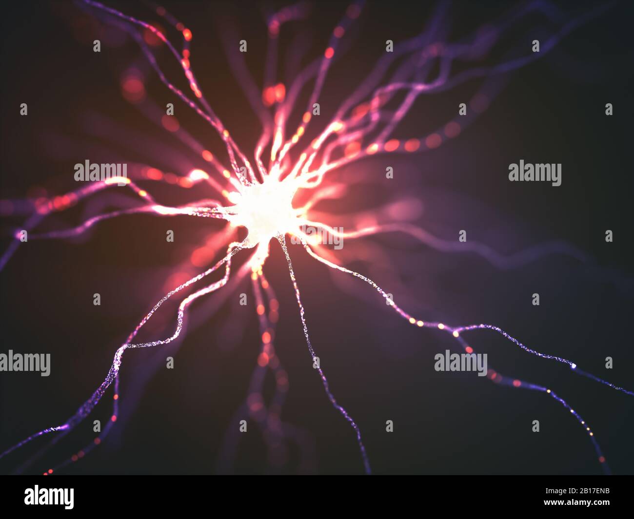 Conceptual image of a neuron energized with electric charge. Concept of science and research of the human brain, 3D illustration. Stock Photo