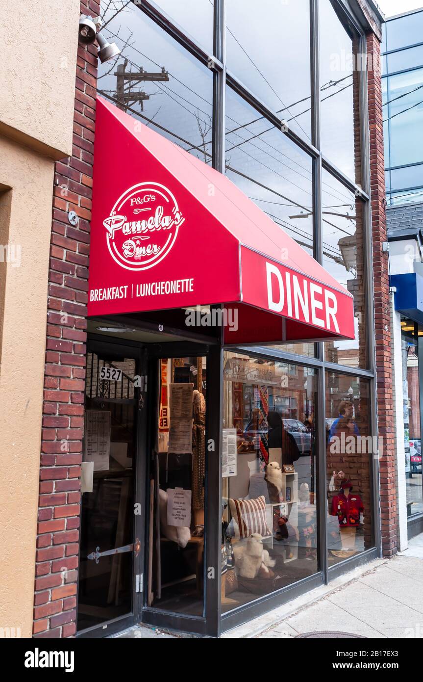 The entrance to Pamela's Diner, a popular breakfast diner on Walnut