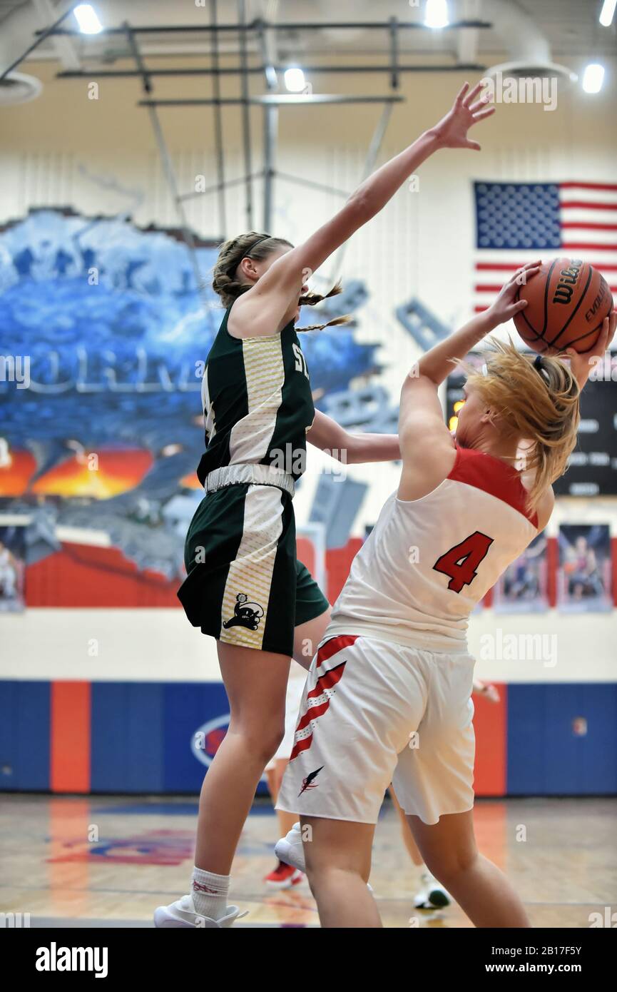 Player having her progress halted by the presence of an opposing defender. USA. Stock Photo