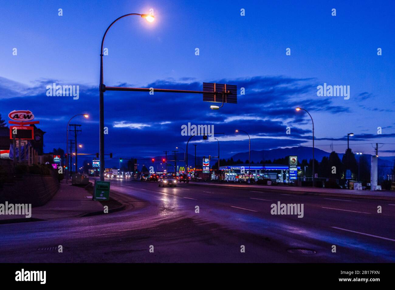ABBOTSFORD, CANADA - FEBRUARY 10, 2020: retail store strip mall in early morning. Stock Photo