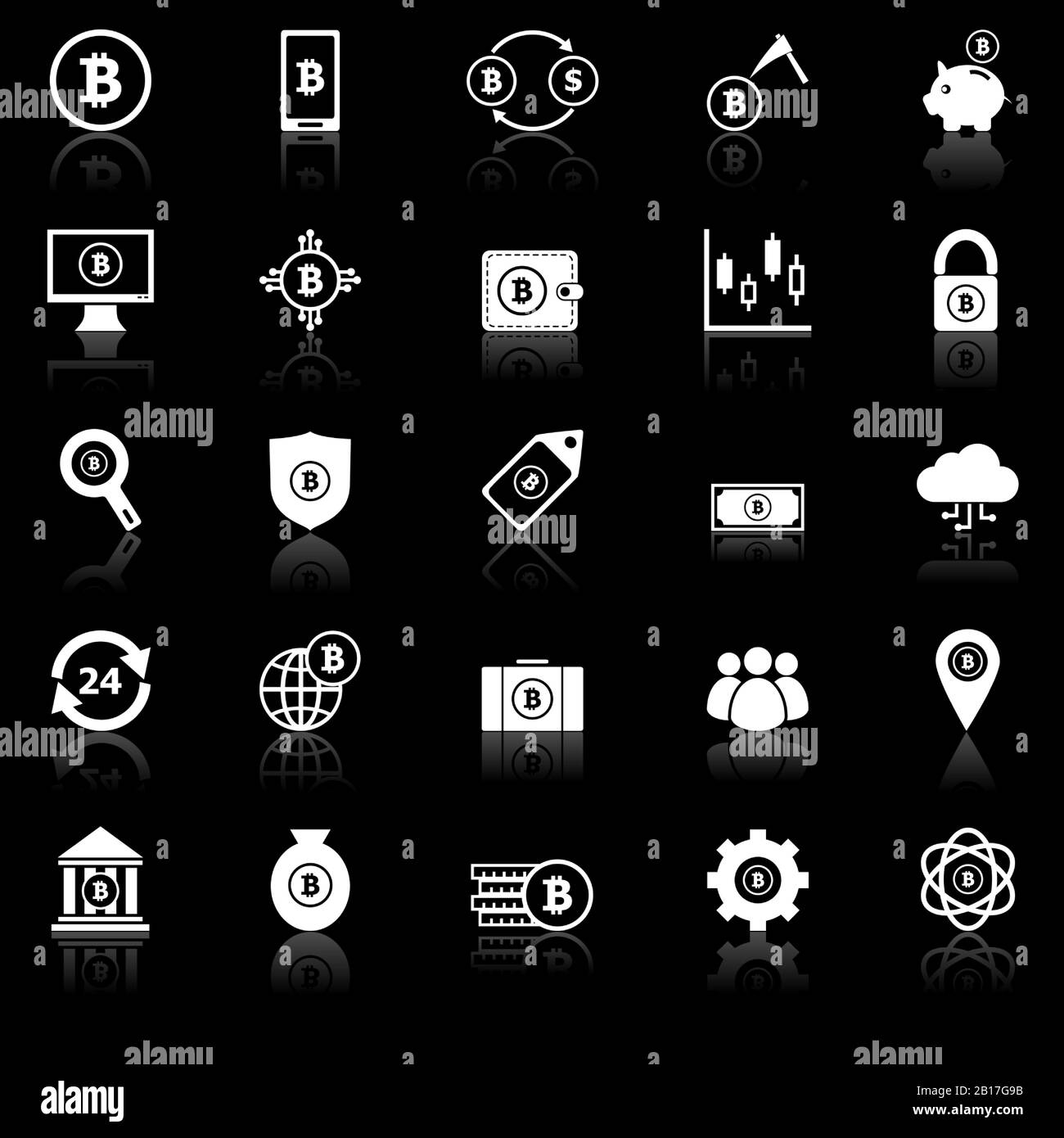 Bitcoin icons with reflect on black background, stock vector Stock ...