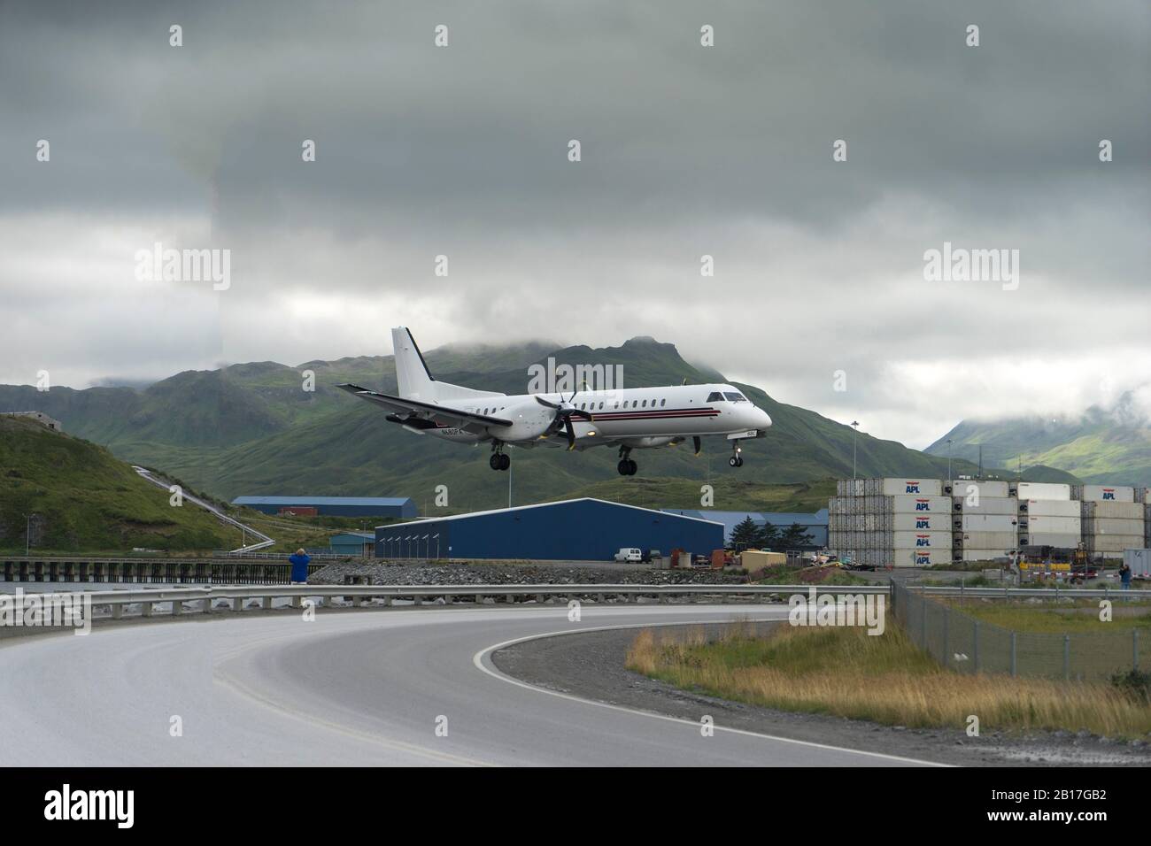 SAAB-SCANIA 2000 landing at Dutch Harbor, Alaska Stock Photo