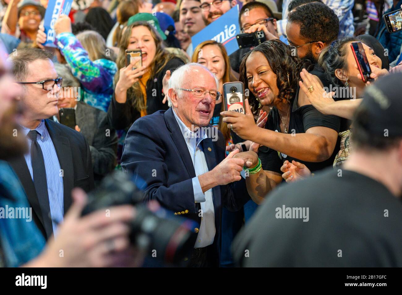 Houston, Texas - February 23, 2020: Democratic Presidential candidate Senator Bernie Sanders stops to take a selfie with a supporter after his rally c Stock Photo