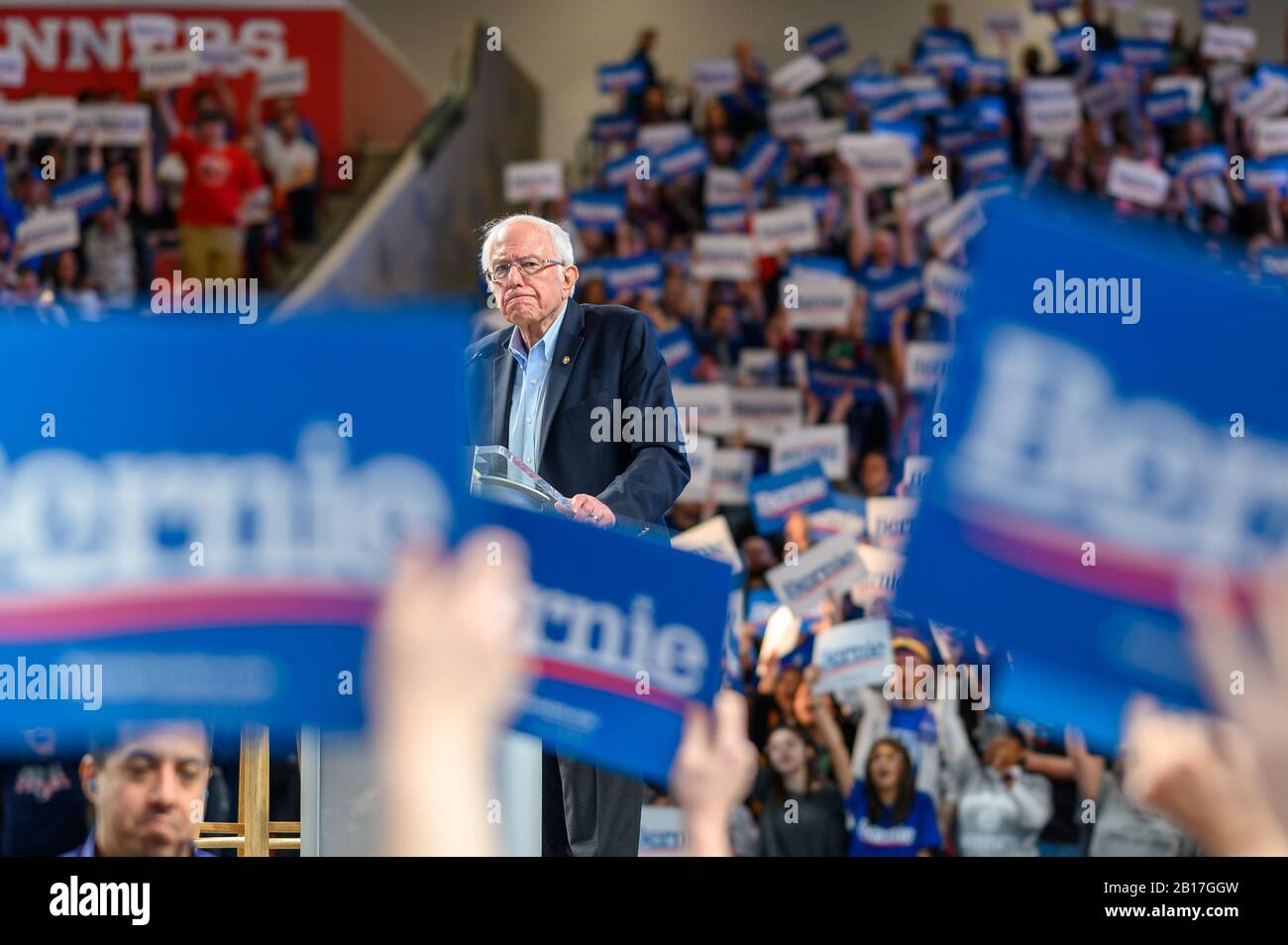 Houston, Texas - February 23, 2020: Crowd cheers as Democratic Presidential candidate Senator Bernie Sanders speaks to the crowd during his rally camp Stock Photo