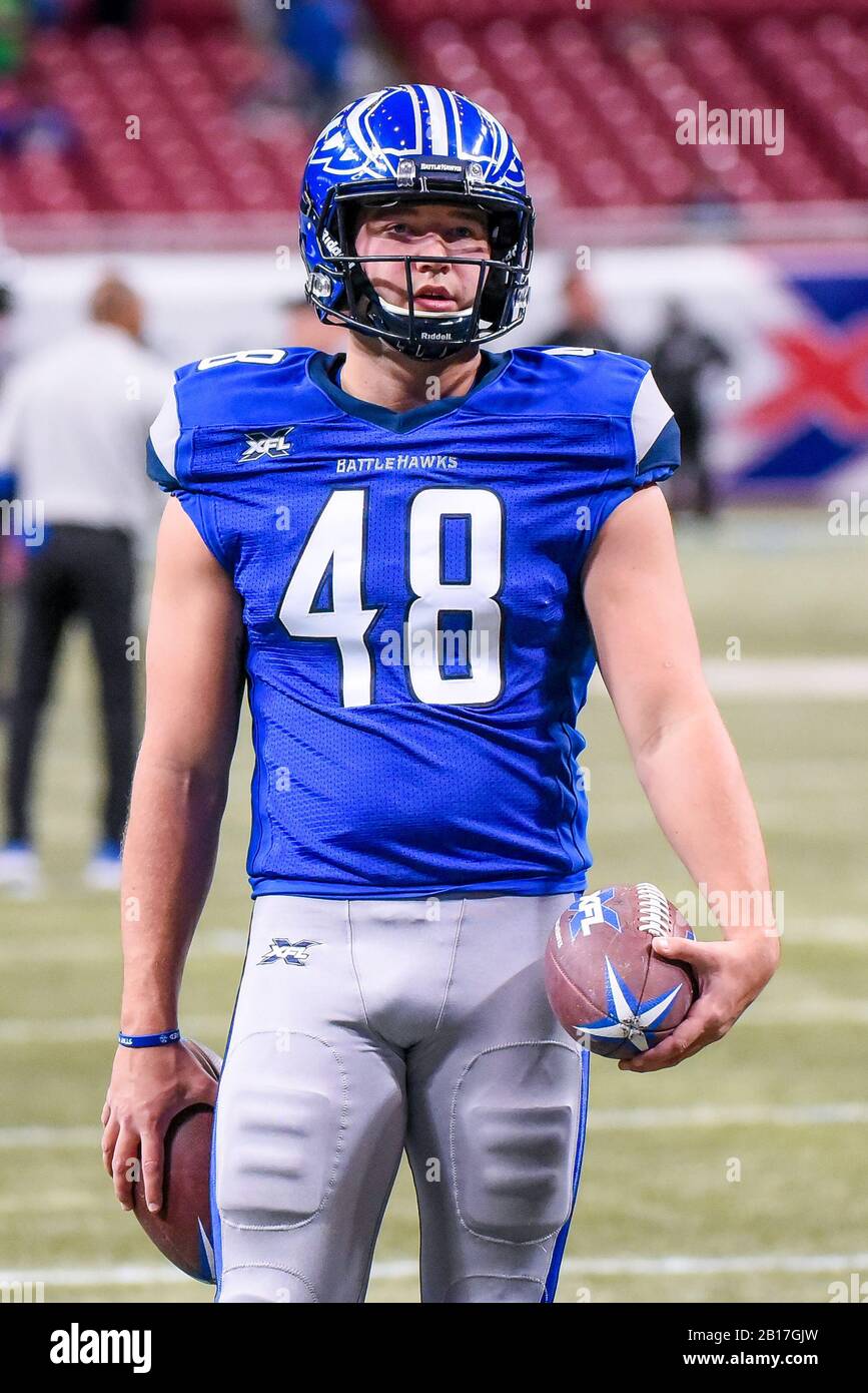 Feb 23, 2020: St. Louis Battlehawks long snapper Tanner Carew (48) during  pregame of the game where the NY Guardians visited the St. Louis Battlehawks.  Held at The Dome at America's Center