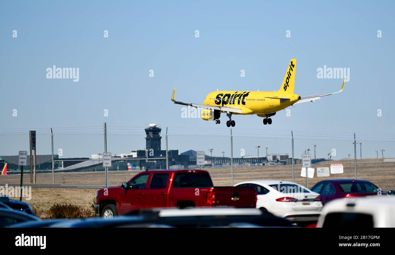 Spirit Airlines commercial flight landing at the Baltimore Washington International airport in MD, USA Stock Photo