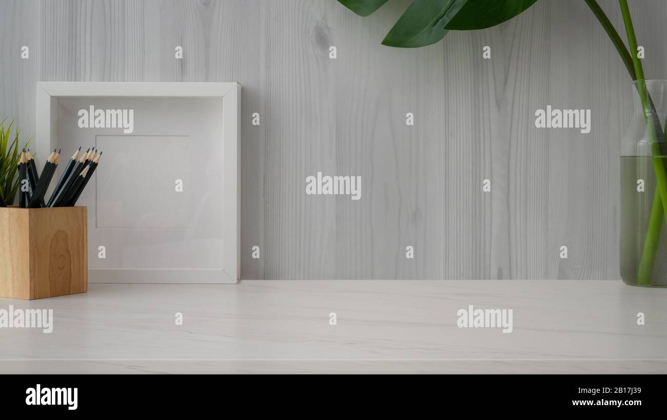 Download Close Up View Of Trendy Workspace With Stationery Mock Up Frame Decorations And Copy Space On Marble Desk With Modern Rustic Wall Background Stock Photo Alamy PSD Mockup Templates