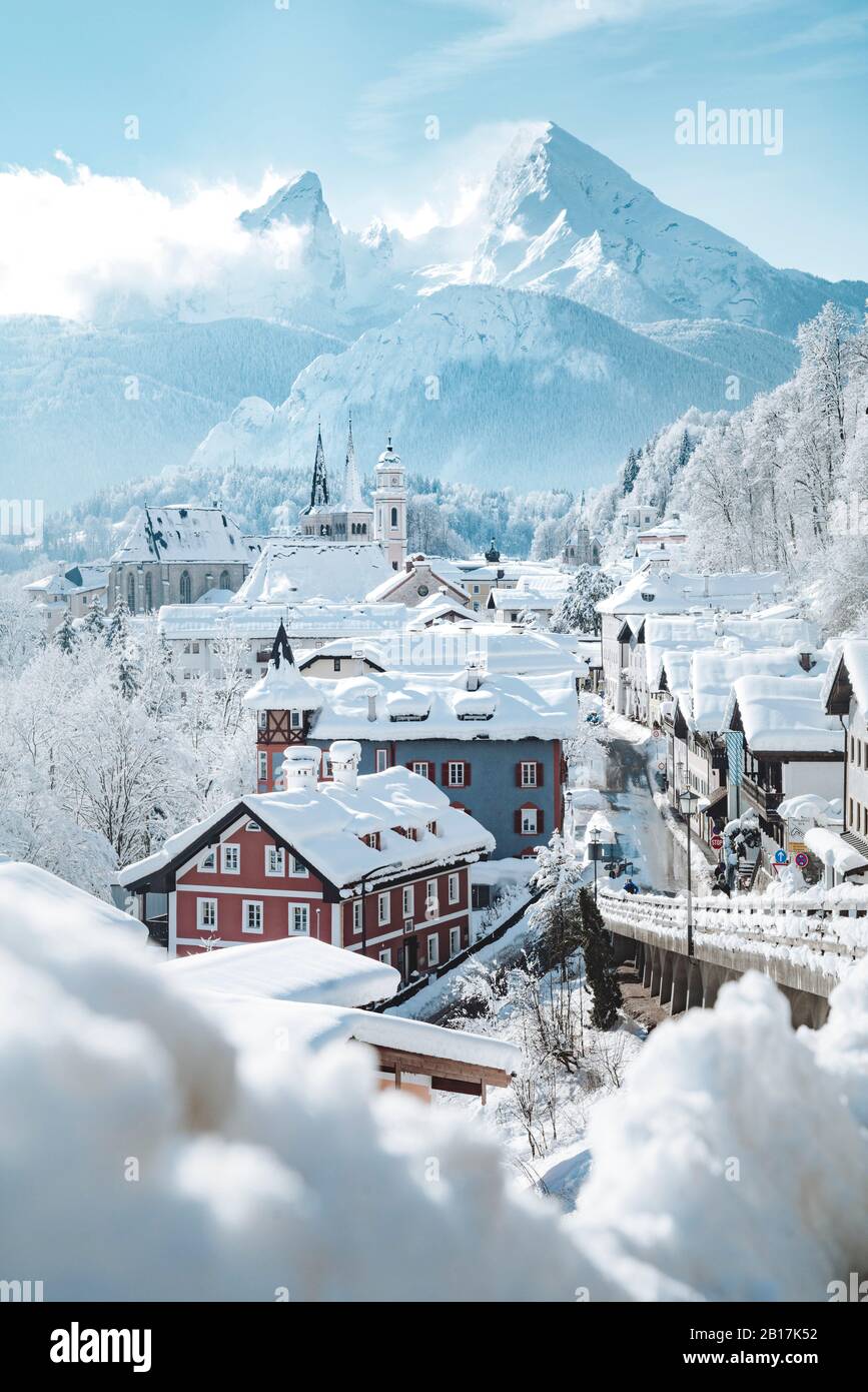 Germany, Bavaria, Berchtesgaden, Town and Watzmann in deep snow Stock