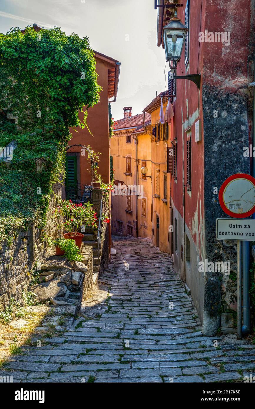 Croatia, Istria, Labin, Old town cobblestone alley Stock Photo
