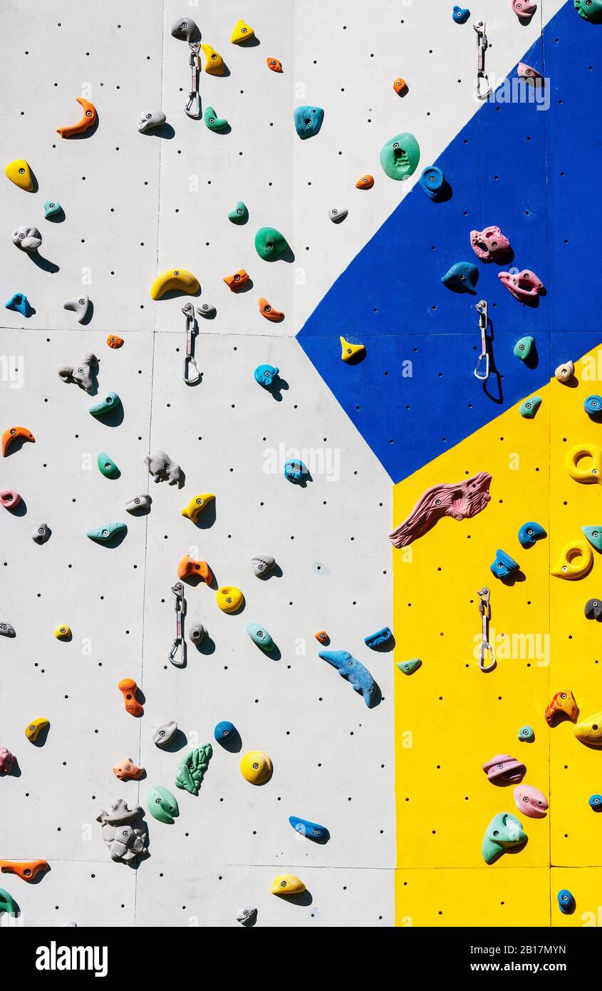 Hand grips on climbing wall Stock Photo Alamy