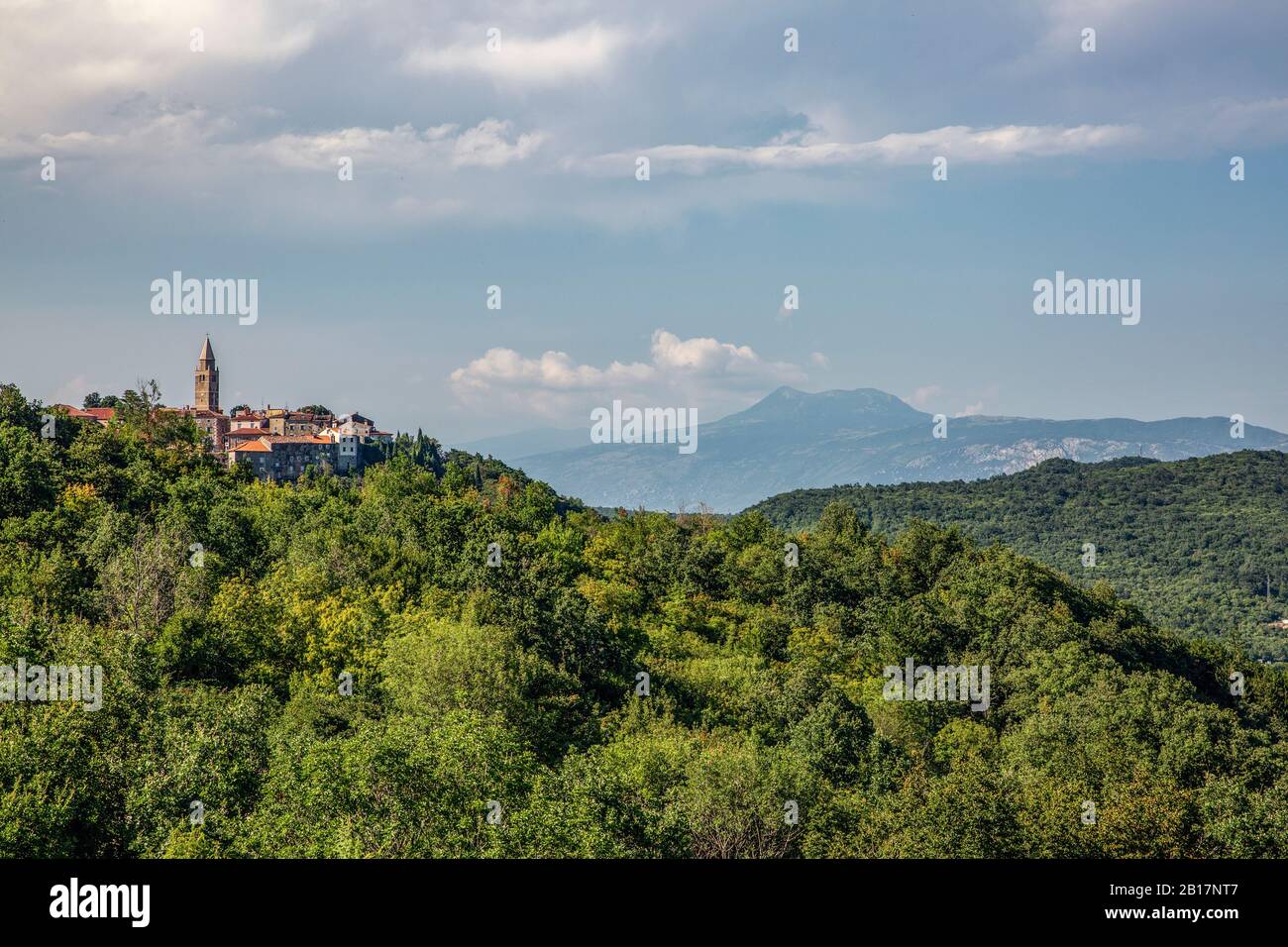 Croatia, Istria, Labin, View of town and green hills Stock Photo