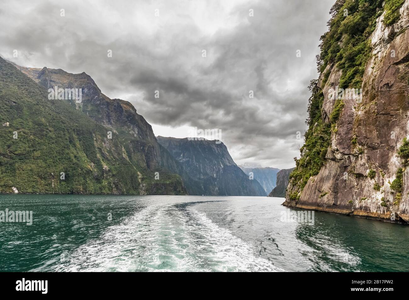 New Zealand, Oceania, South Island, Southland, Fiordland National Park, Milford Sound, Wake on water Stock Photo