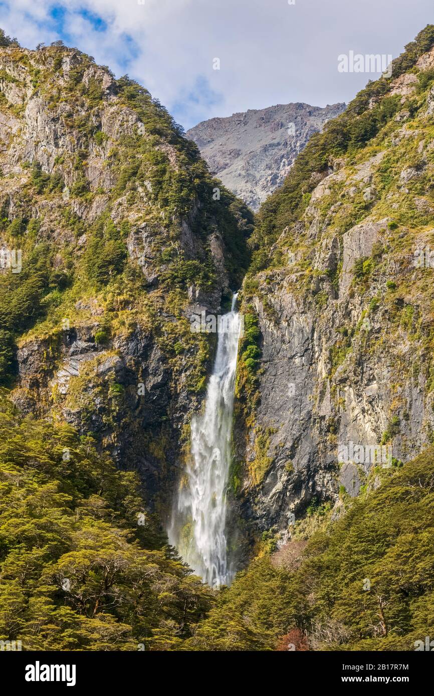 New Zealand, Selwyn District, Arthurs Pass, Scenic view of Devils Punchbowl Waterfall Stock Photo
