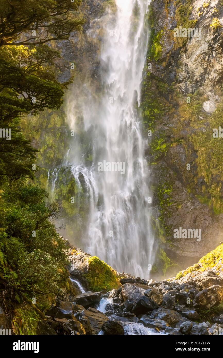New Zealand, Selwyn District, Arthurs Pass, Bottom of Devils Punchbowl Waterfall Stock Photo