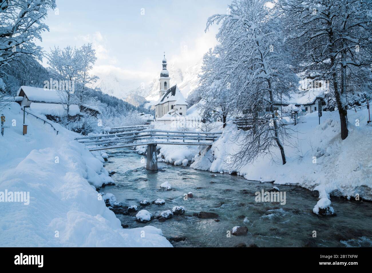 Germany, Bavaria, Ramsau bei Berchtesgaden, Church of St. Sebastian in deep snow Stock Photo
