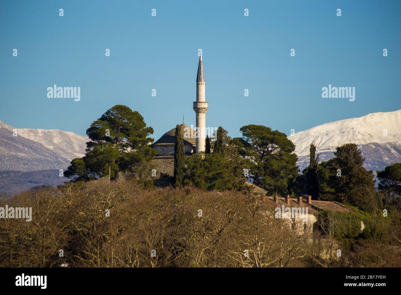 ioannina city mosque and  lake pamvotis in winter season greece Stock Photo