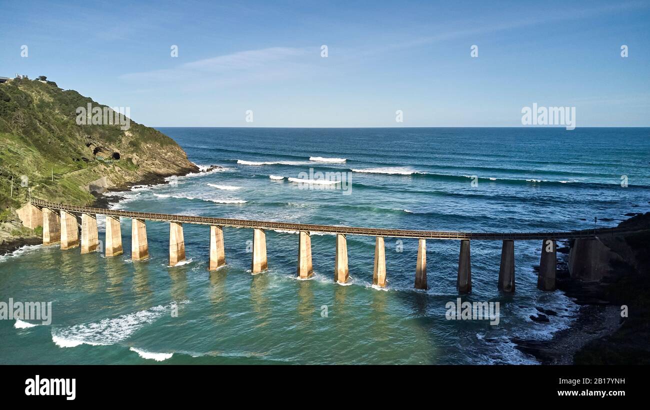 South Africa, Wilderness, Aerial view of the Kaaimans River bridge and ocean Stock Photo