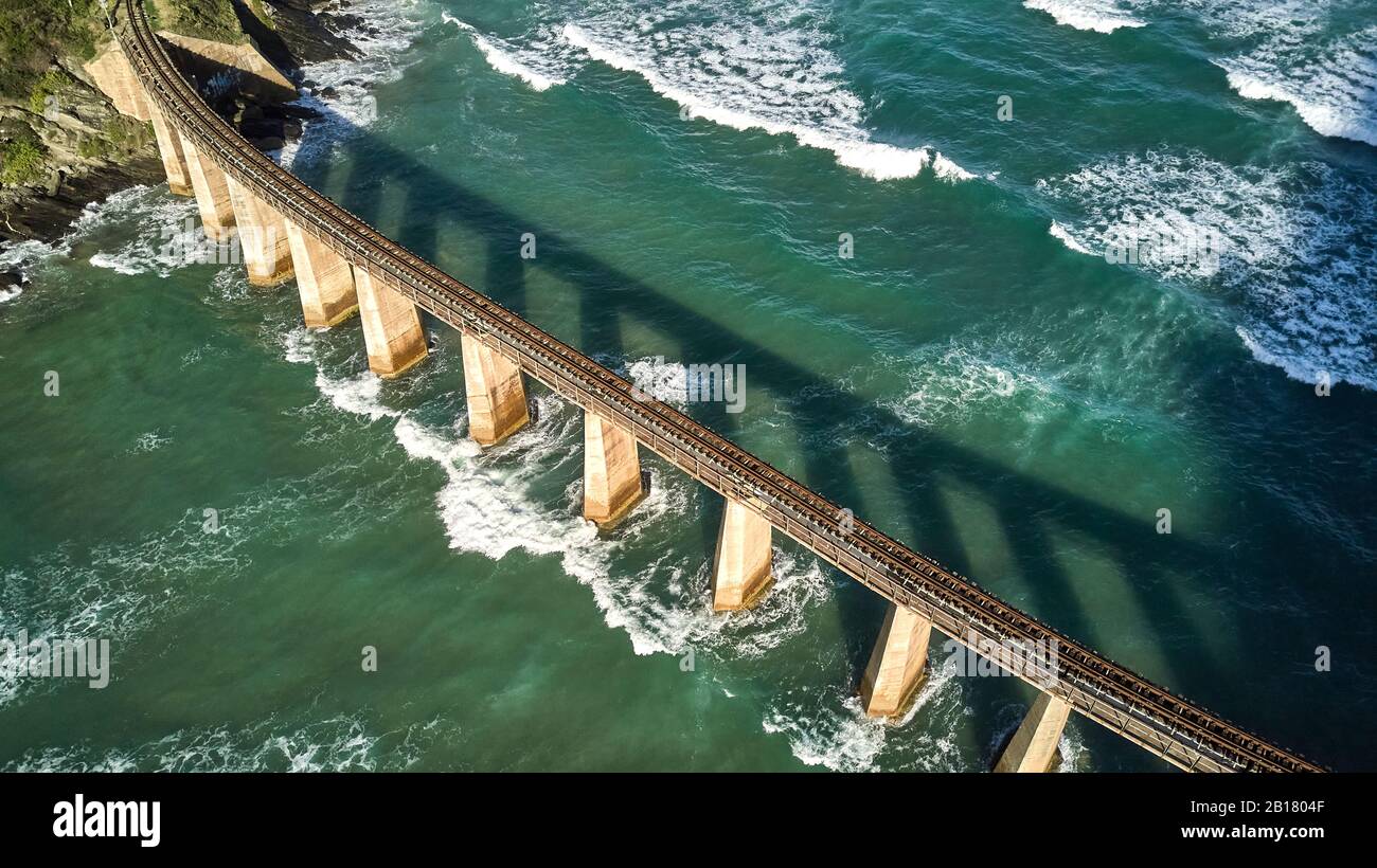 South Africa, Wilderness, Aerial view of the Kaaimans River bridge and ocean Stock Photo