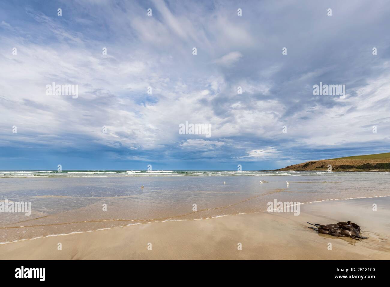 New Zealand, Cloudy sky over sandy coastal beach of Purakaunui Bay Stock Photo