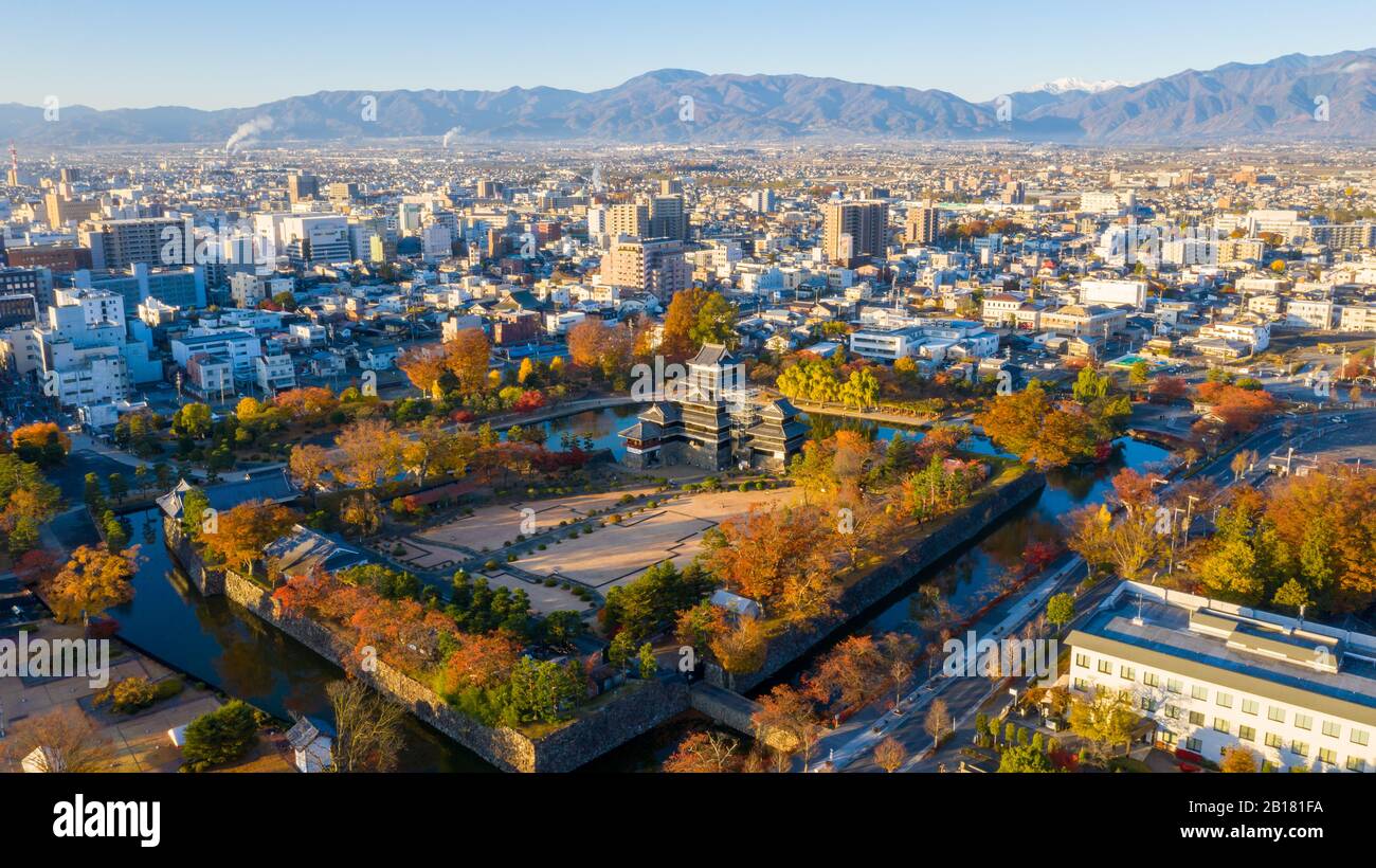 Aerial view Sunrise of Matsumoto Castle in Nagano City,Japan Stock ...