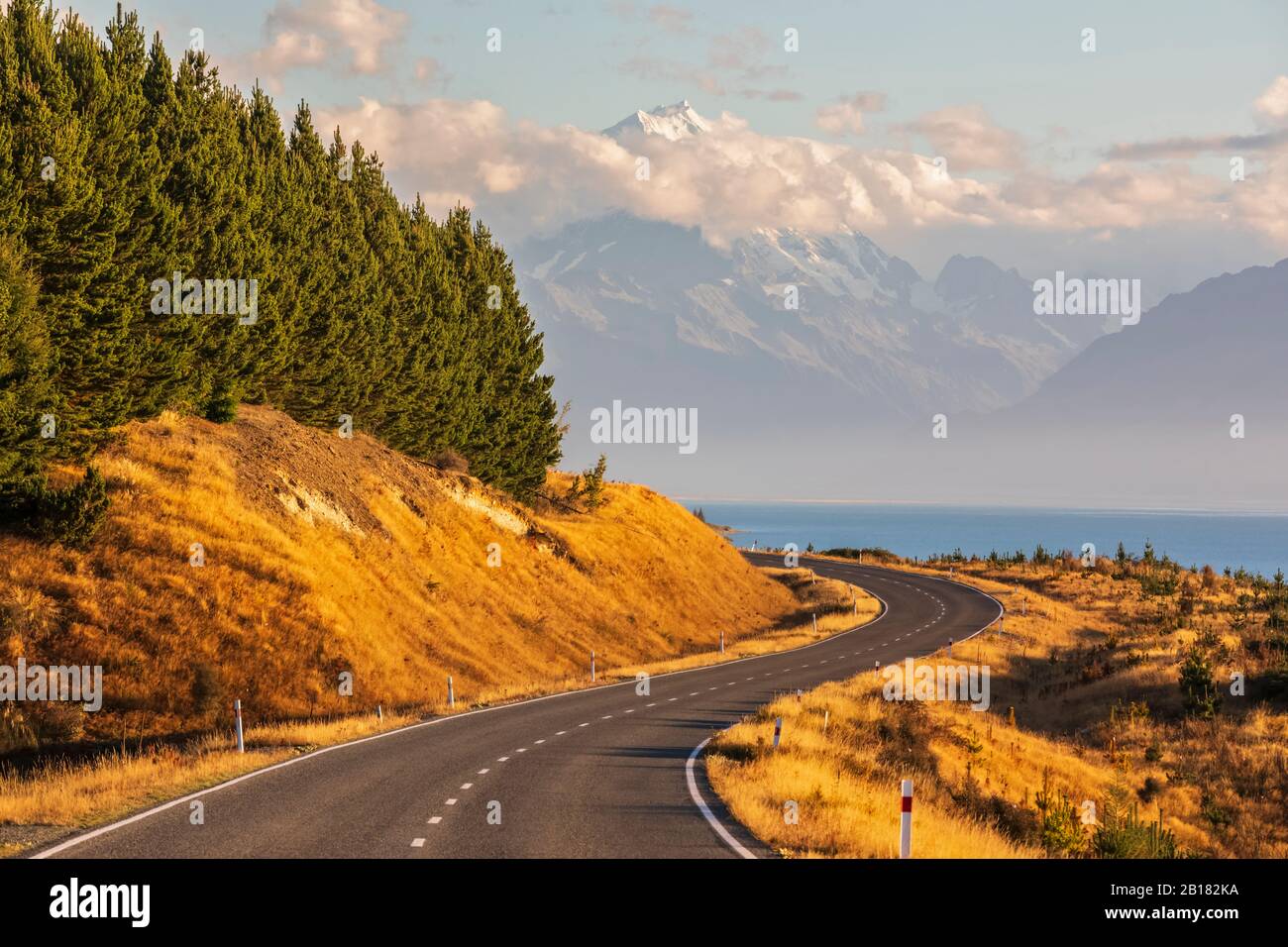 New Zealand, New Zealand State Highway 80 with Mount Cook in background Stock Photo
