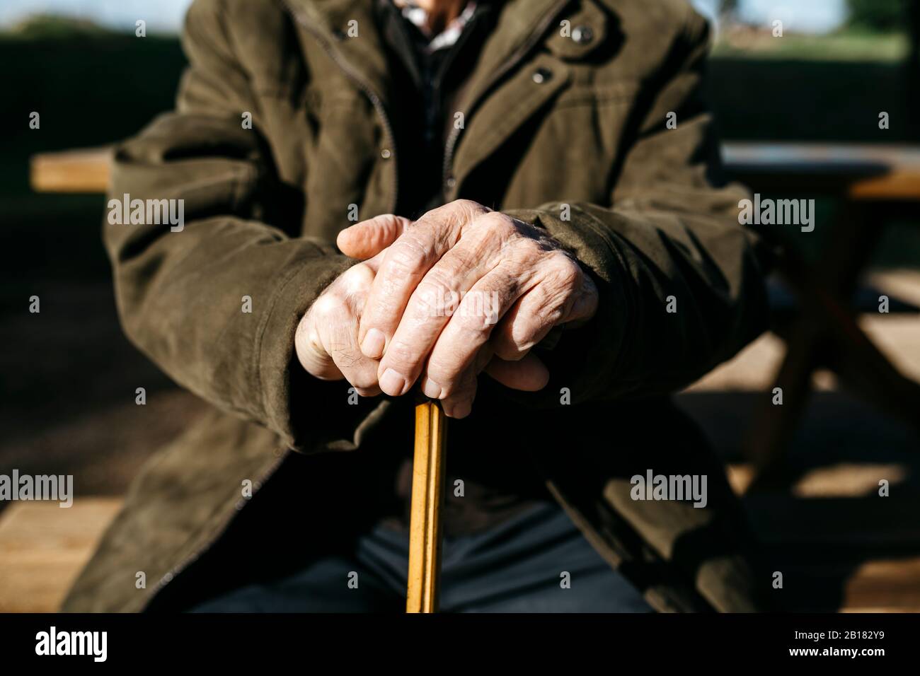 Old man's hands resting on his cane, close up Stock Photo