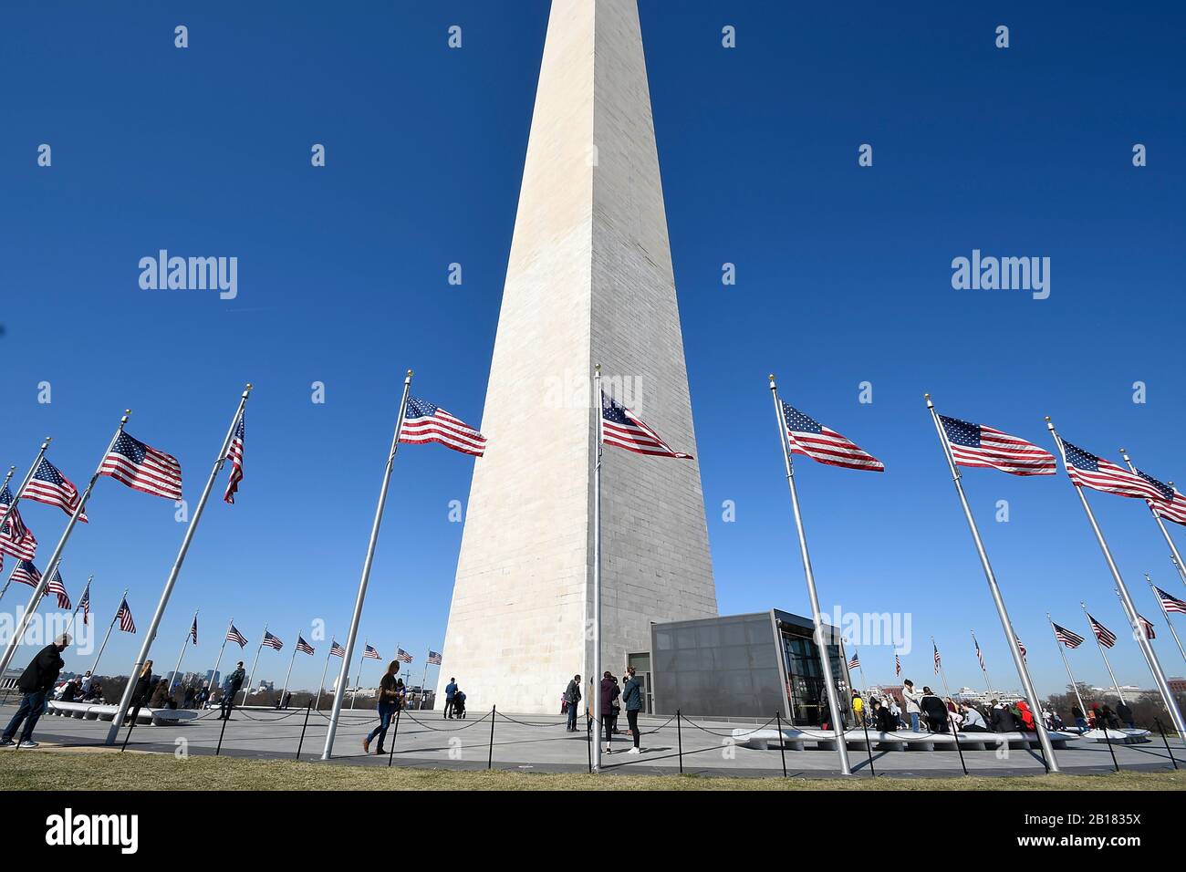 Closeup wide angle view of Washington Monument in District of Columbia Stock Photo