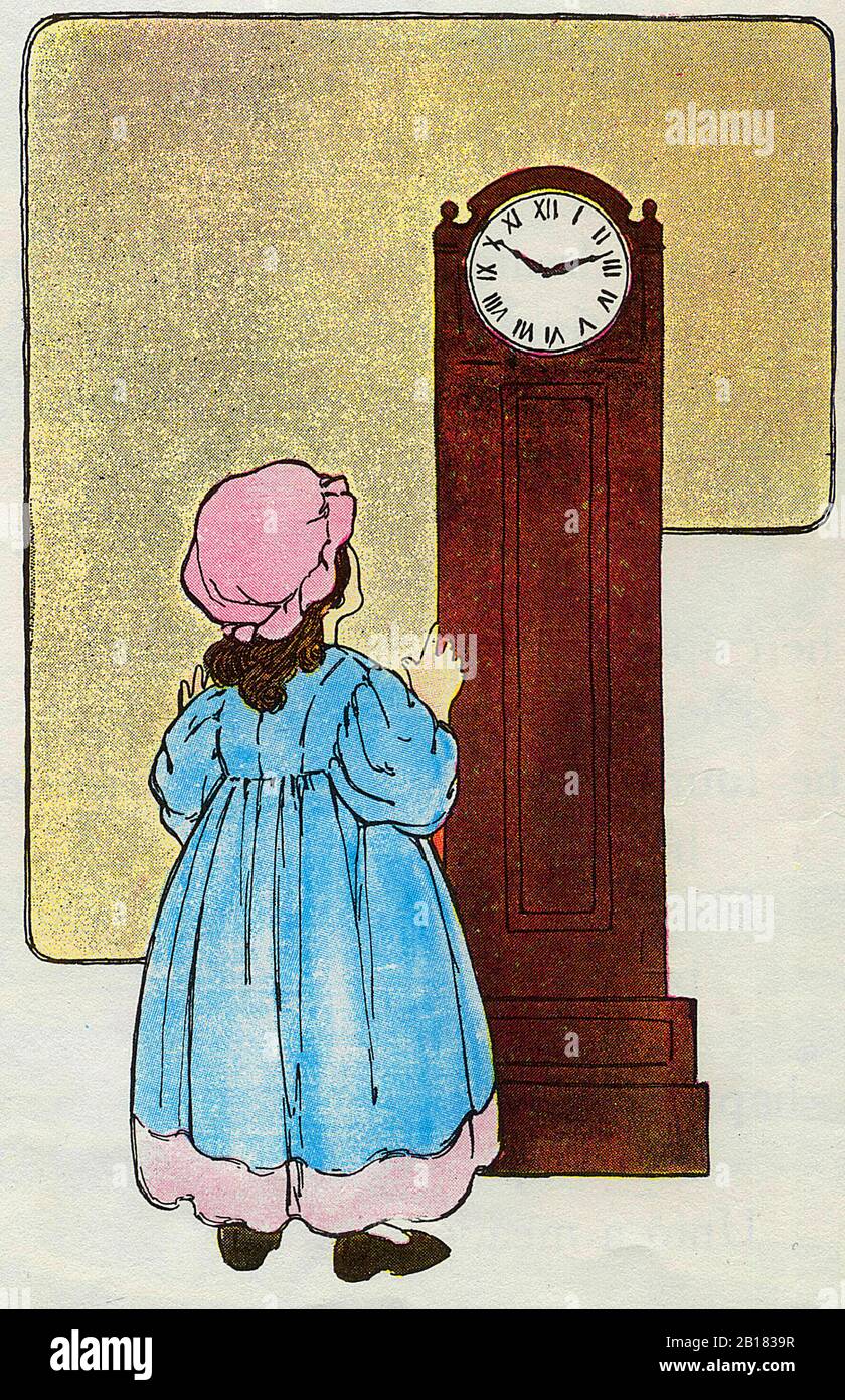 THE CLOCK, The Real Mother Goose Nursery Rhyme Illustration by Blanche Fisher Wright circa 1915 Stock Photo