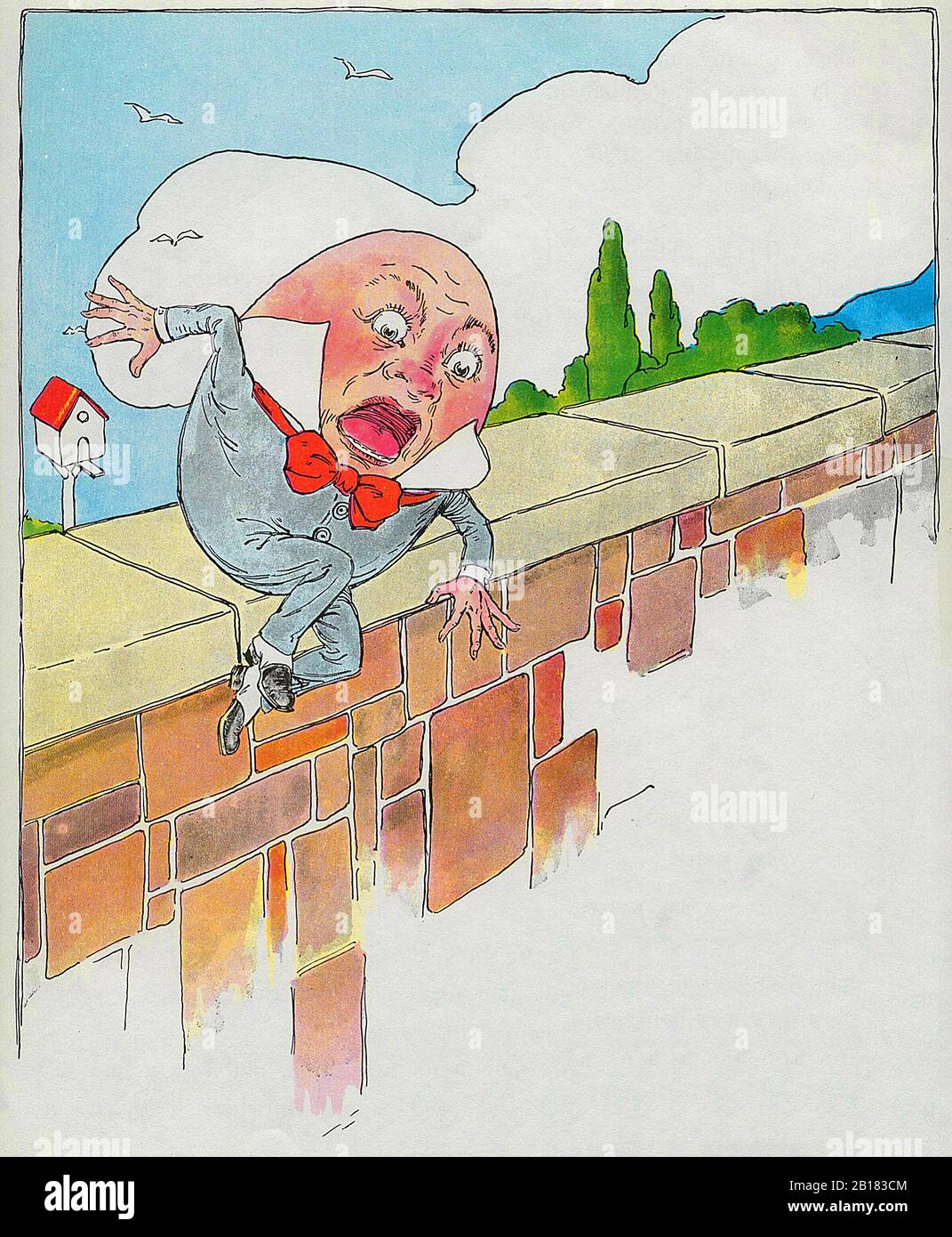 Humpty Dumpty sat on a wall, Humpty Dumpty had a great fall - The Real Mother Goose Nursery Rhyme Illustration by Blanche Fisher Wright circa 1915 Stock Photo