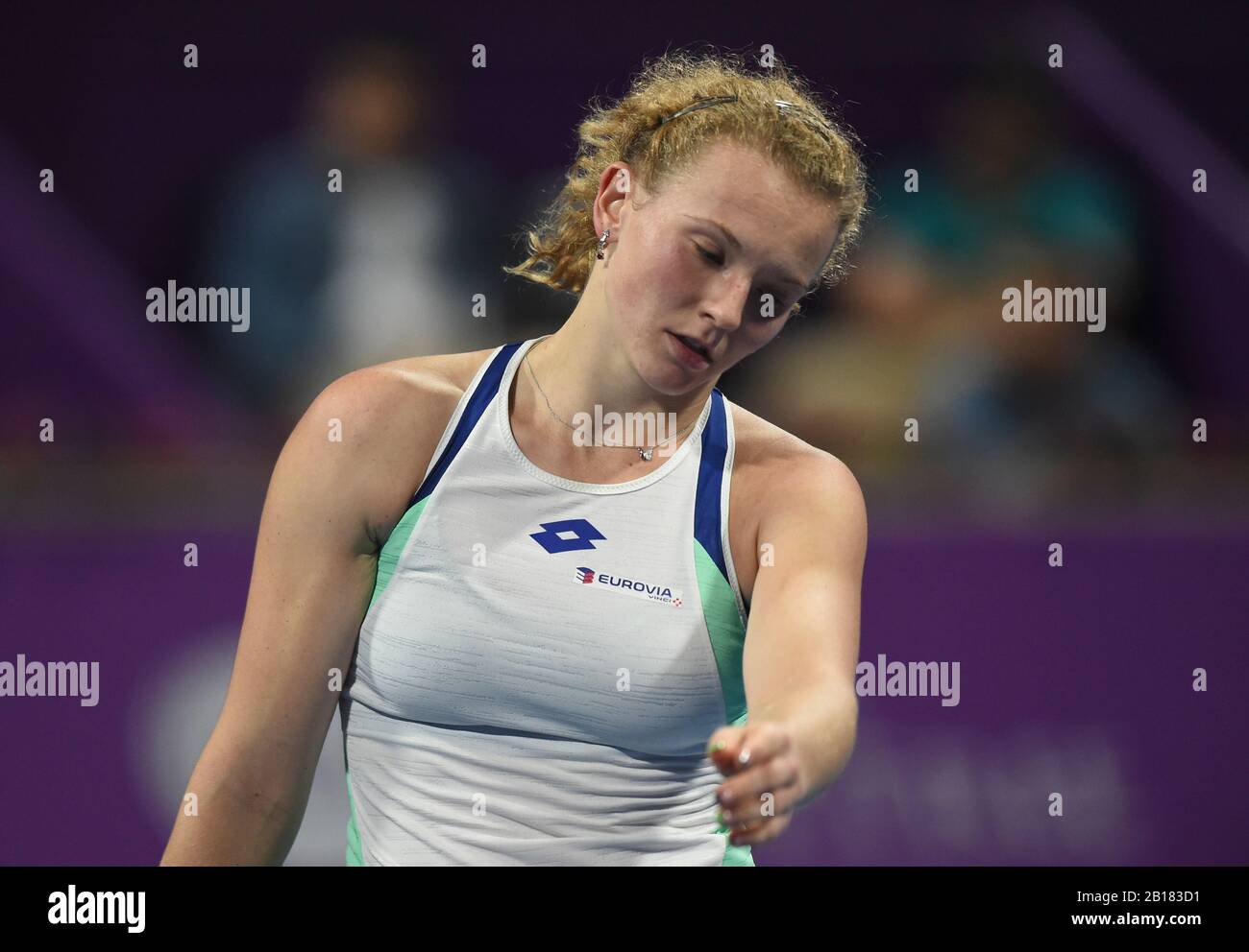 Doha, Qatar. 23rd Feb, 2020. Katerina Siniakova of the Czech Republic  reacts during the women's singels first round match against Ons Jabeur of  Tunisia at 2020 WTA Qatar Open tennis tournament in