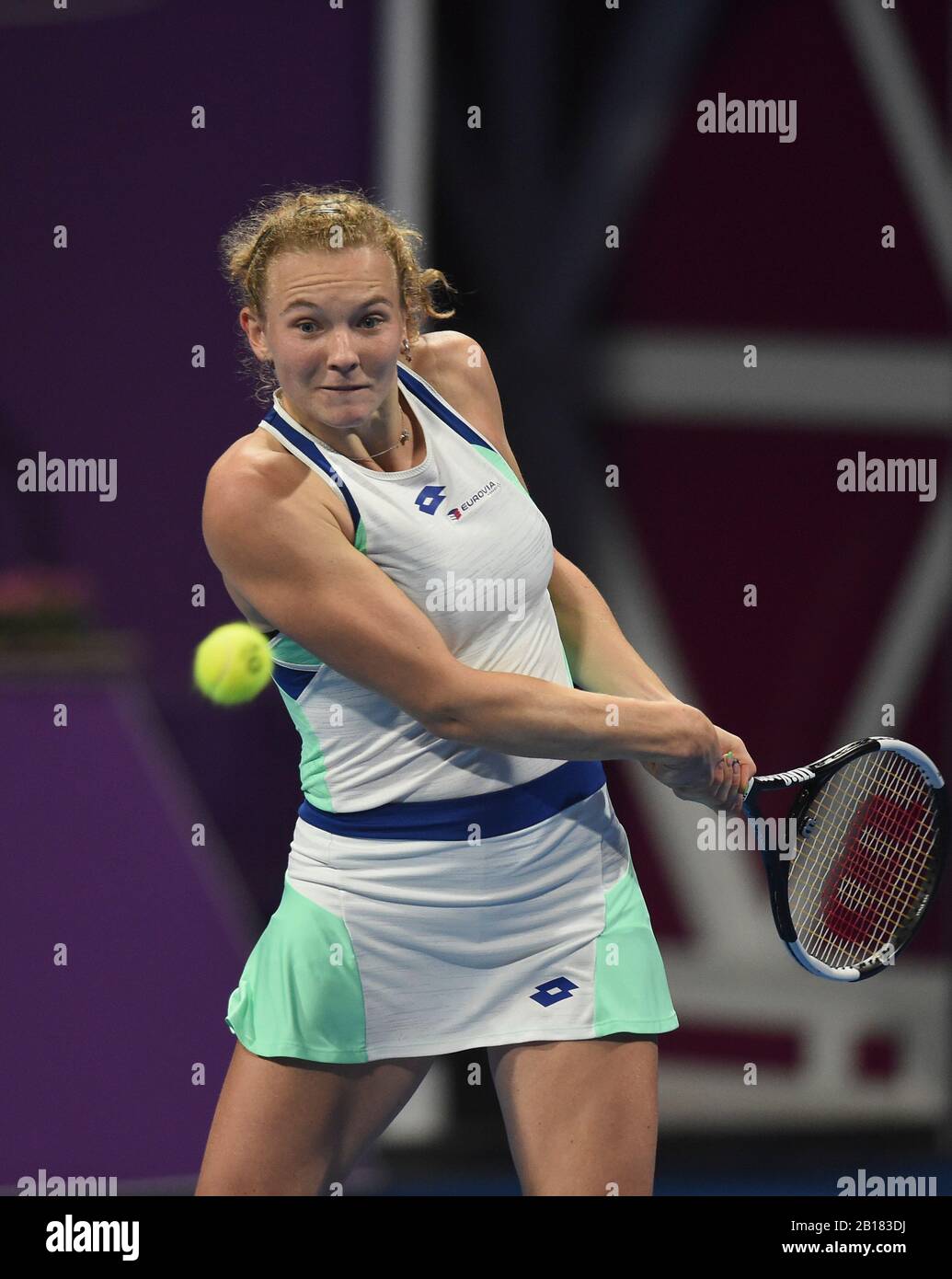 Doha, Qatar. 23rd Feb, 2020. Katerina Siniakova of the Czech Republic hits  a return to Ons Jabeur of Tunisia during their women's singels first round  match at 2020 WTA Qatar Open tennis