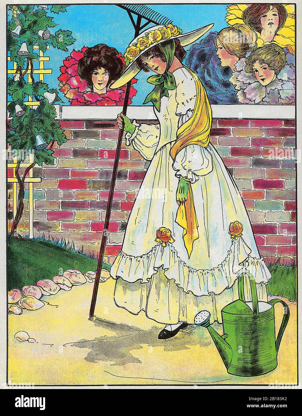Mary, Mary, quite contrary, How does your garden grow? - The Real Mother Goose Nursery Rhyme Illustration by Blanche Fisher Wright circa 1915 Stock Photo